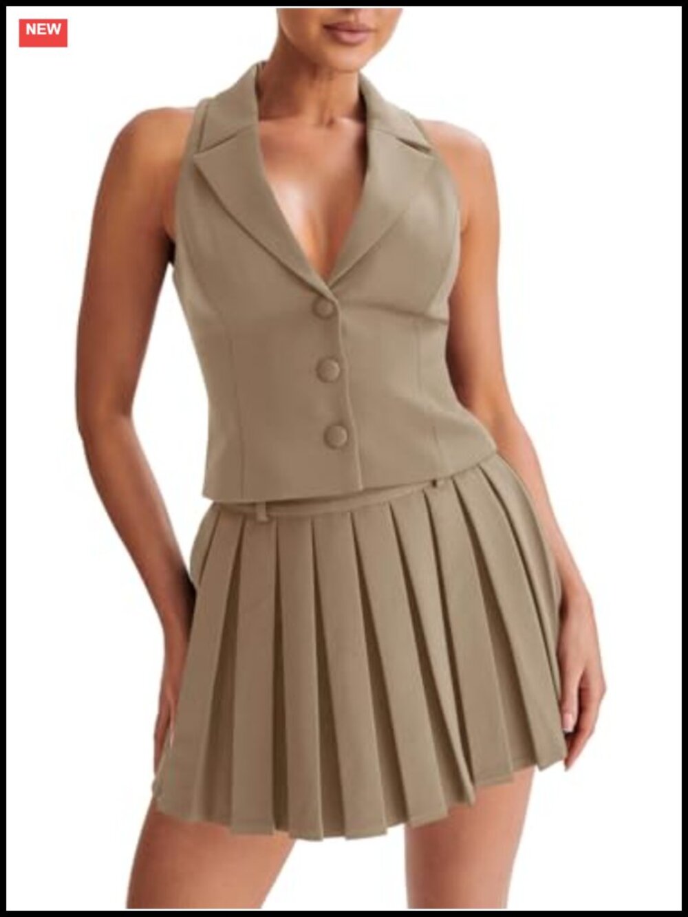 Womens 2 Piece Vest Set Sleeveless Pleated Skirt Outfit